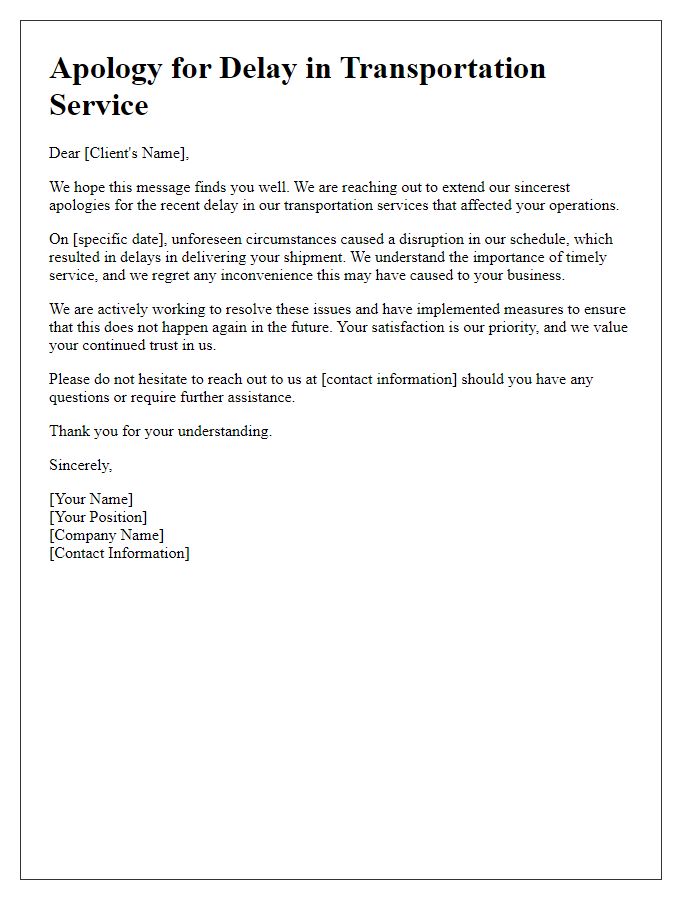 Letter template of transportation service delay apology for corporate clients