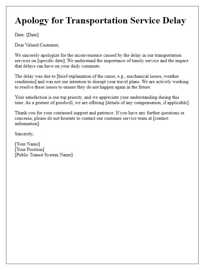 Letter template of transportation service delay apology for a public transit system