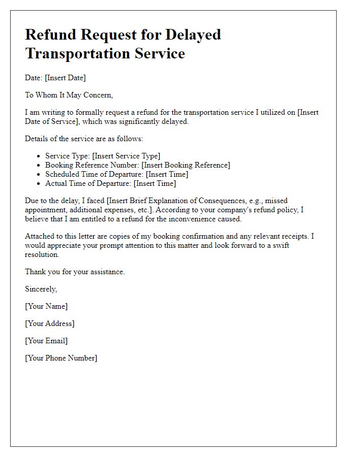 Letter template of transportation service refund request for delayed service.