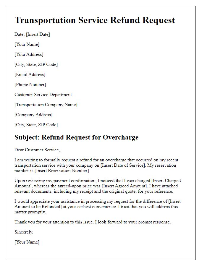 Letter template of transportation service refund request for overcharge.