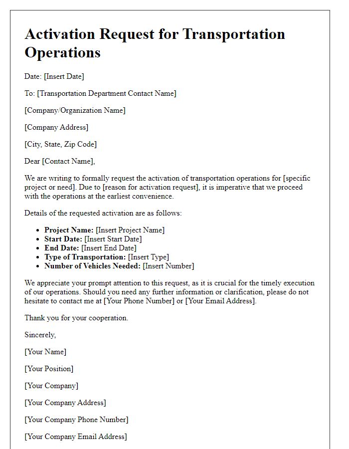 Letter template of activation request for transportation operations