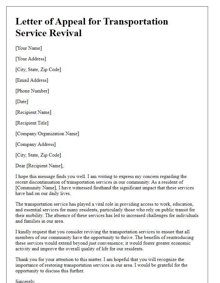 Letter template of appeal for transportation service revival