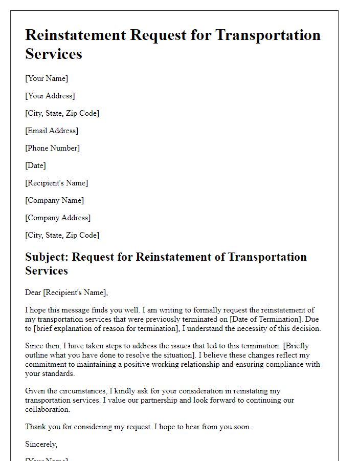 Letter template of reinstatement for transportation services