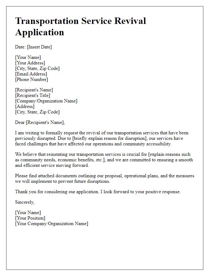 Letter template of transportation service revival application