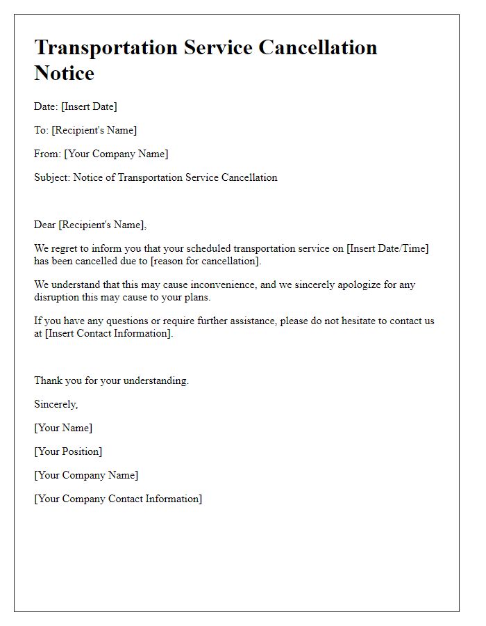 Letter template of transportation service cancellation notice.