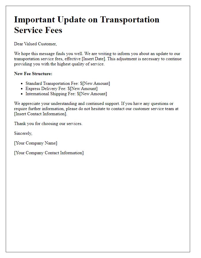 Letter template of transportation service fee update.