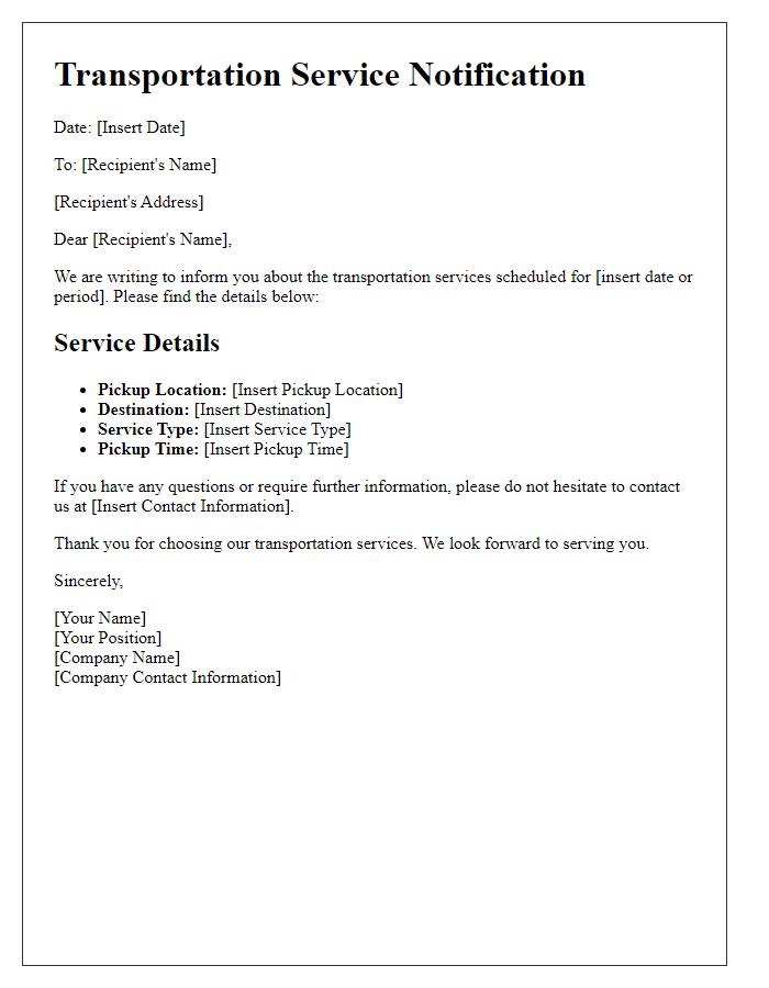 Letter template of transportation service notification.