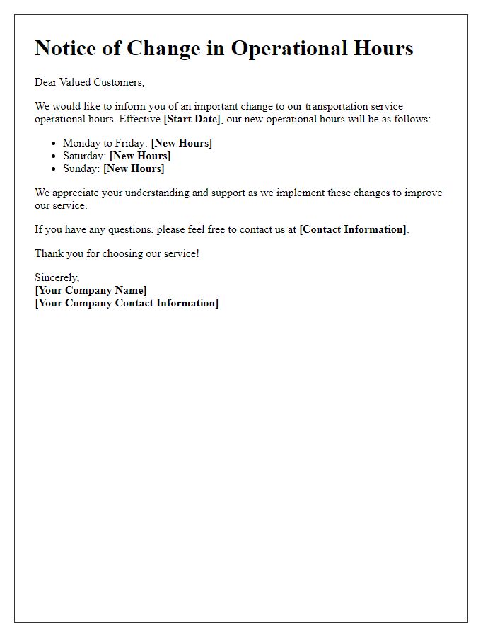 Letter template of transportation service operational hours change.