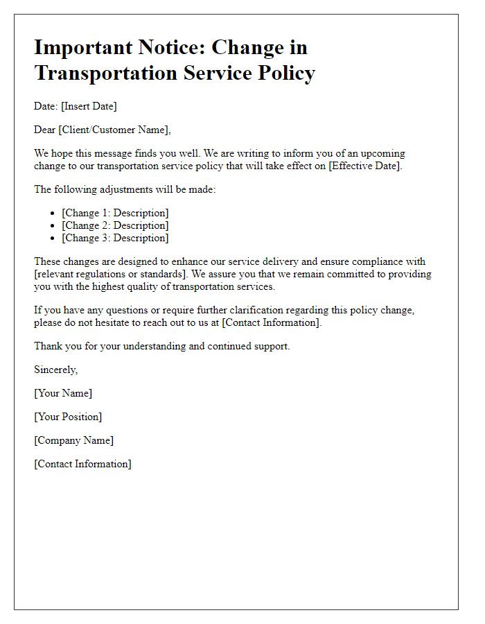 Letter template of transportation service policy change.