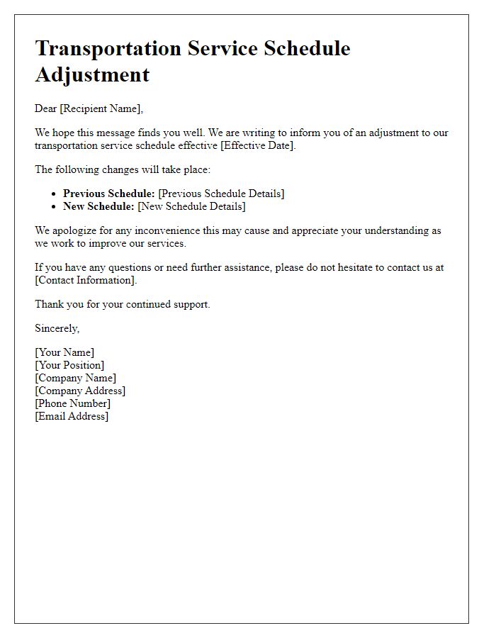 Letter template of transportation service schedule adjustment.