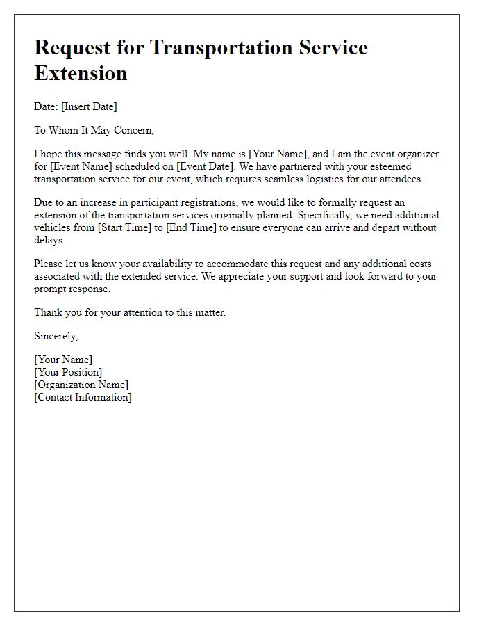 Letter template of transportation service extension request for event organizers