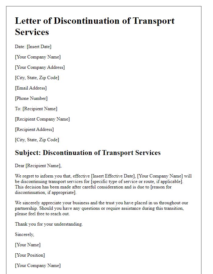 Letter template of discontinuation of transport services.