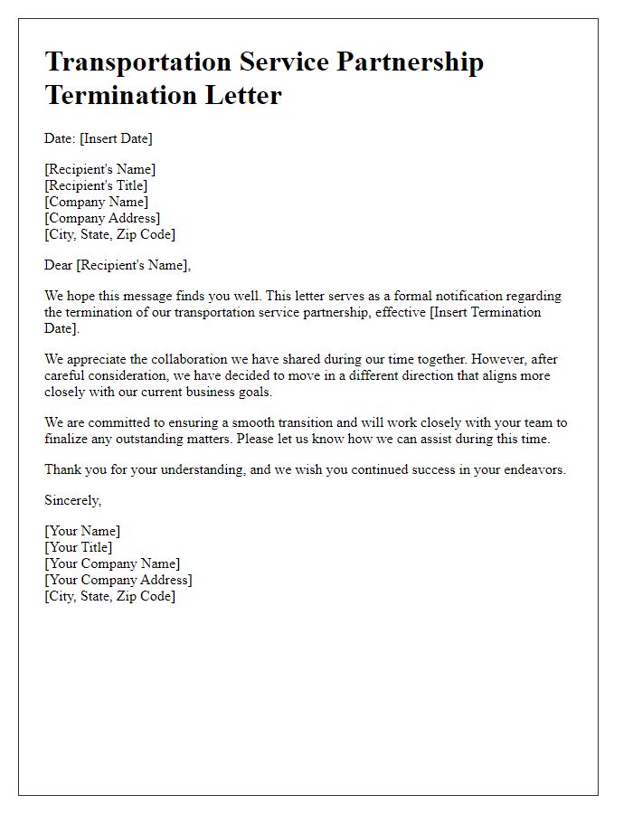 Letter template of ending transportation service partnership.