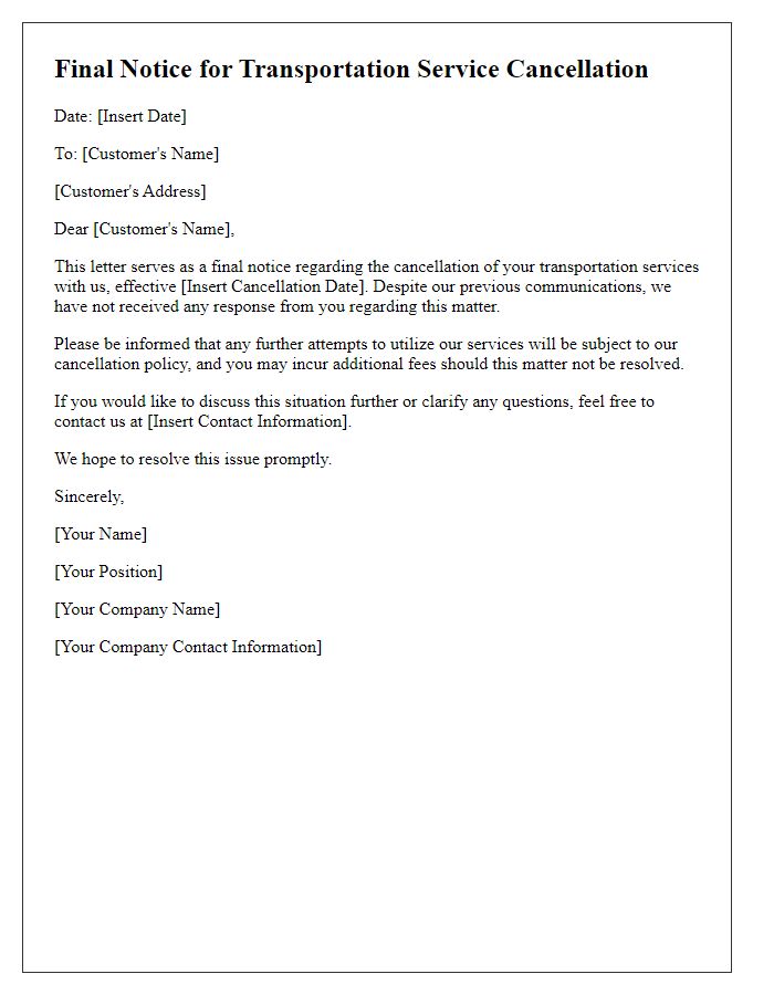 Letter template of final notice for transportation service cancellation.