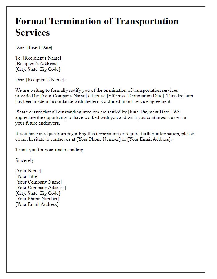 Letter template of formal termination of transportation services.