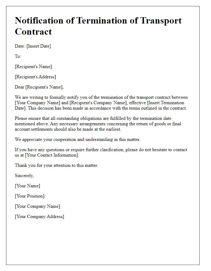 Letter template of notification for termination of transport contract.