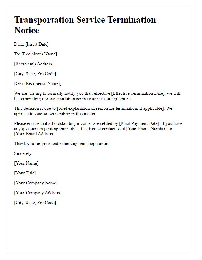 Letter template of transportation service termination notice.