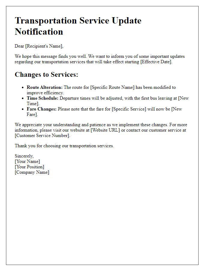 Letter template of altered transportation service updates