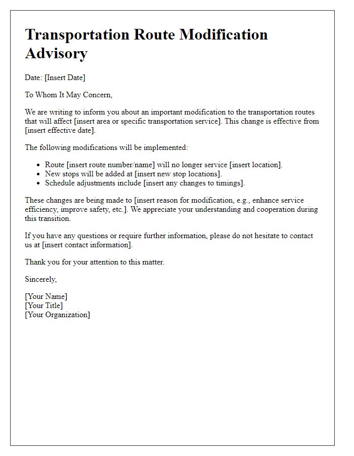 Letter template of transportation route modification advisory