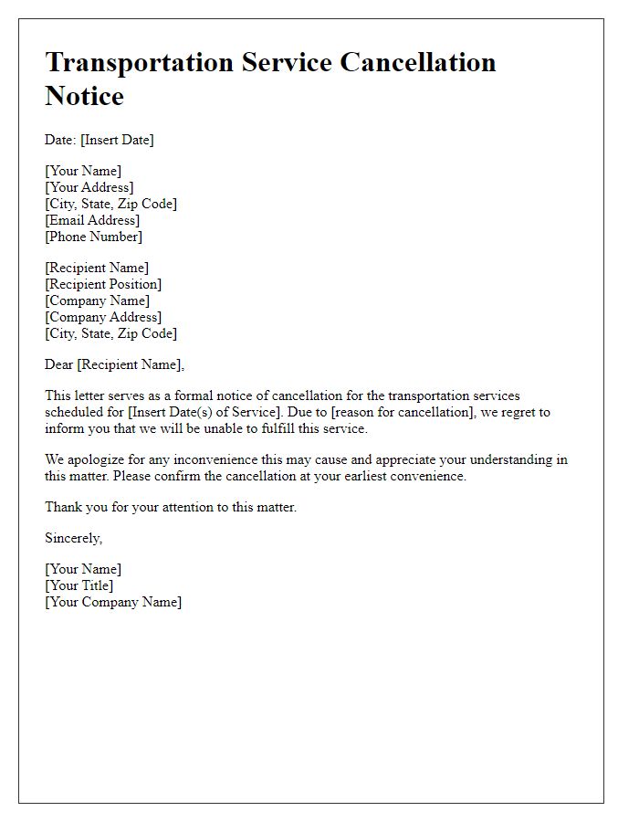 Letter template of transportation service cancellation notice