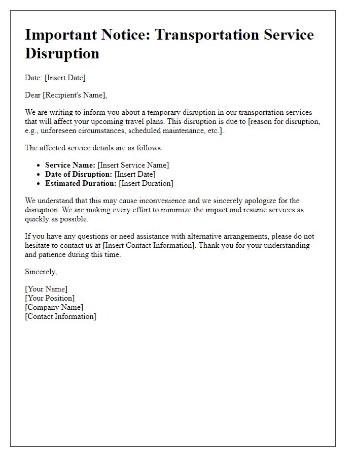 Letter template of transportation service disruption explanation