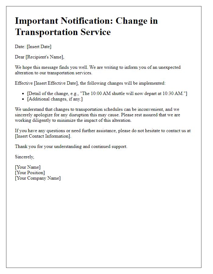 Letter template of unexpected transportation service alteration