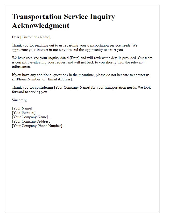 Letter template of transportation service inquiry acknowledgment