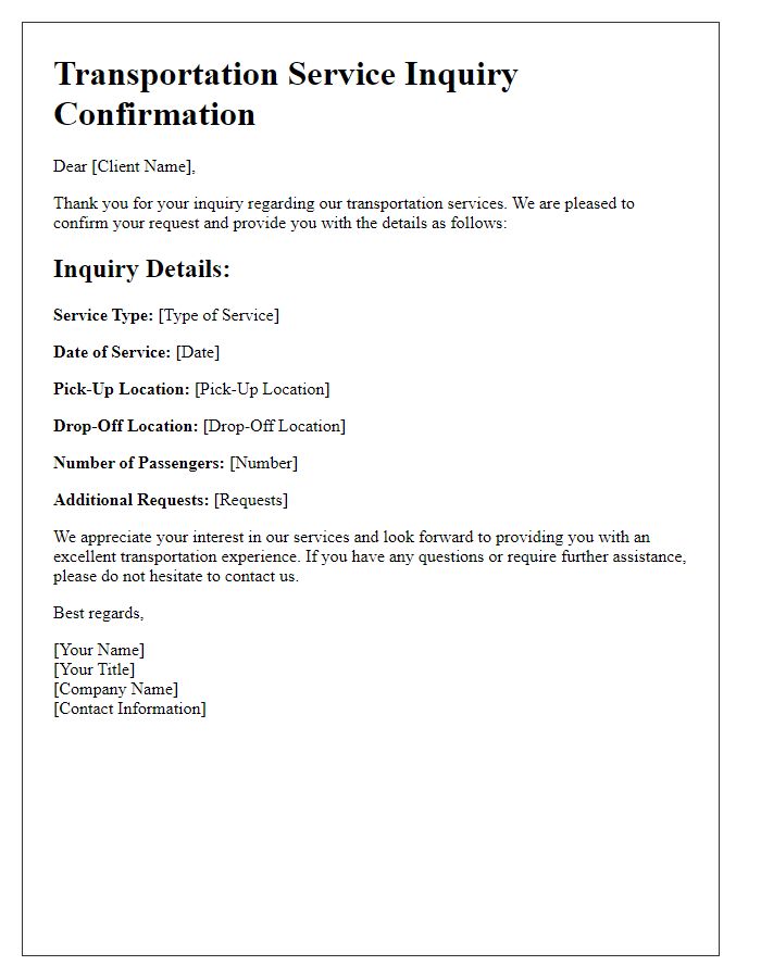 Letter template of transportation service inquiry confirmation