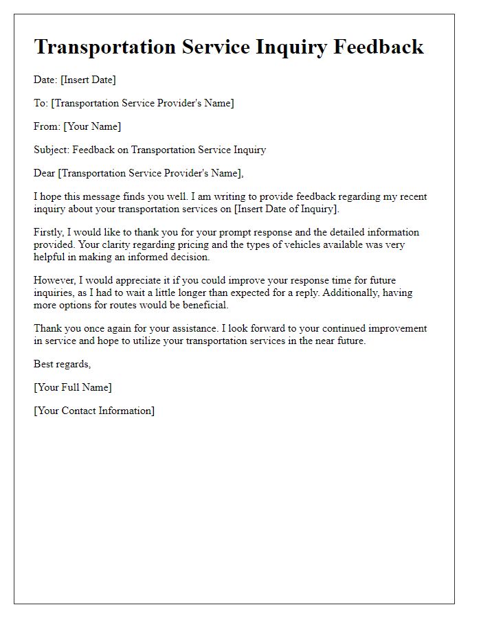 Letter template of transportation service inquiry feedback