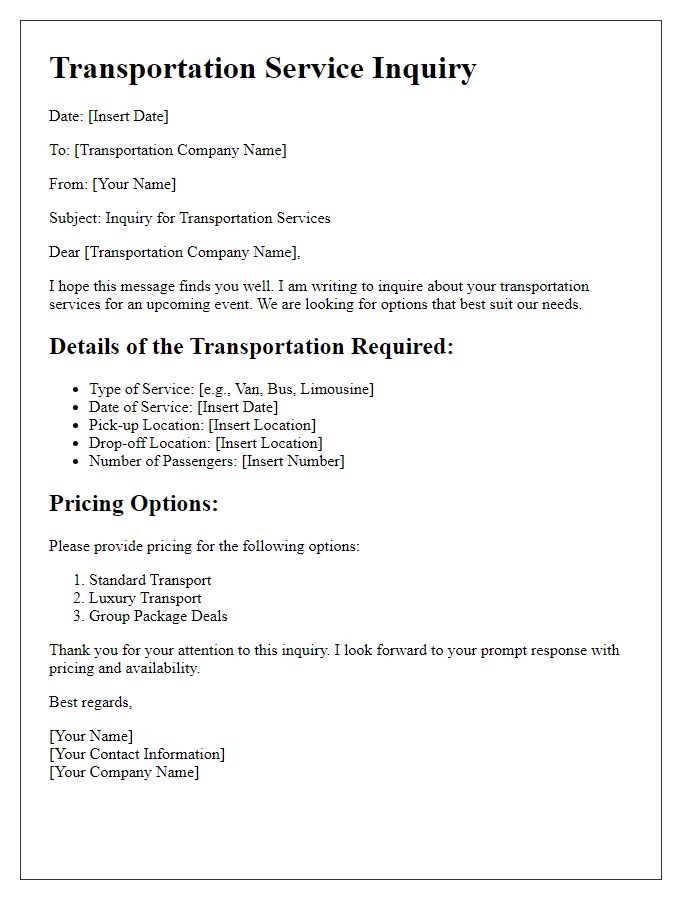 Letter template of transportation service inquiry with pricing options