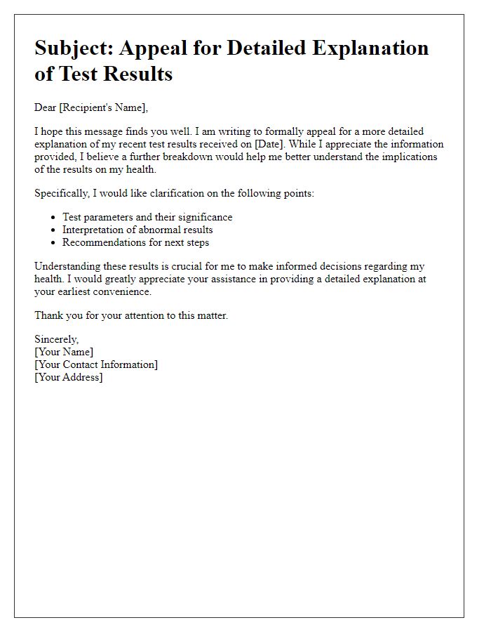 Letter template of appeal for detailed explanation of test results