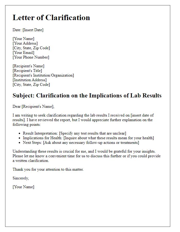 Letter template of clarification on the implications of lab results