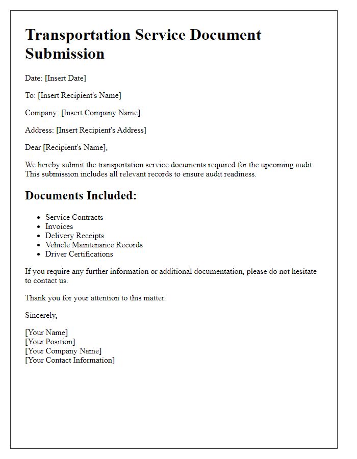 Letter template of transportation service document submission for audit readiness