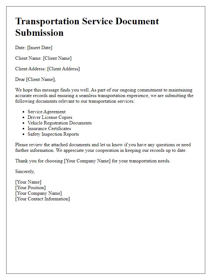 Letter template of transportation service document submission for client records