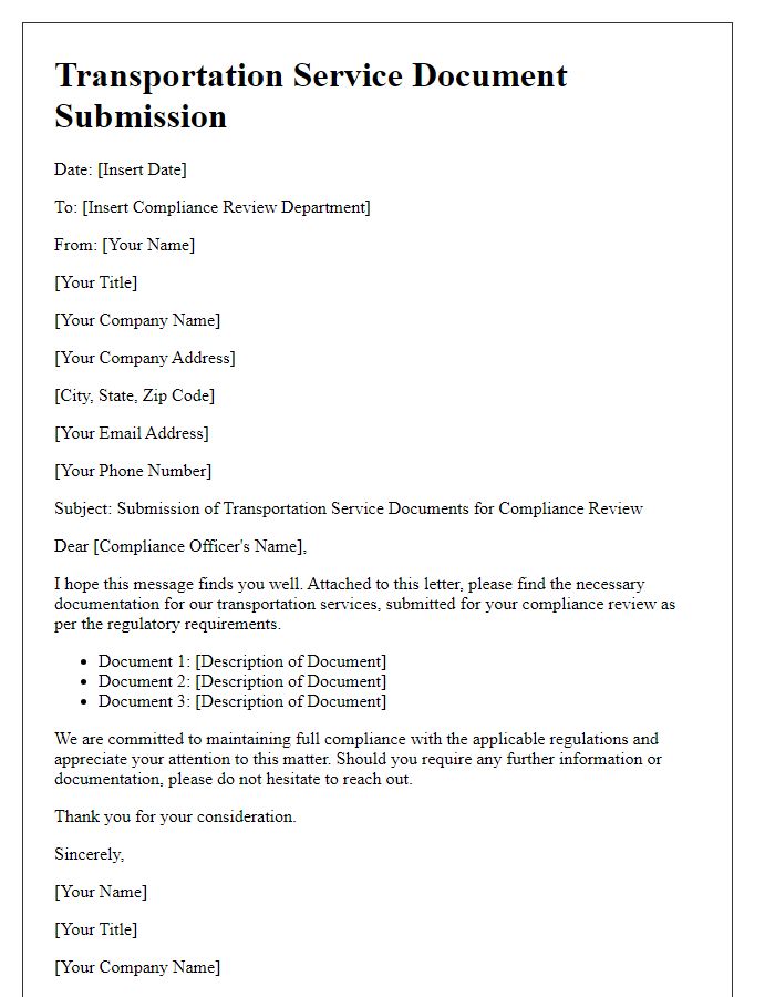 Letter template of transportation service document submission for compliance review