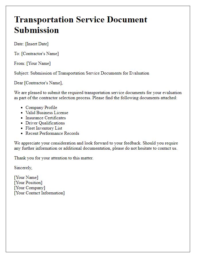 Letter template of transportation service document submission for contractor evaluation