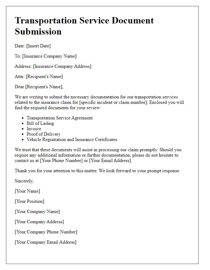 Letter template of transportation service document submission for insurance purposes