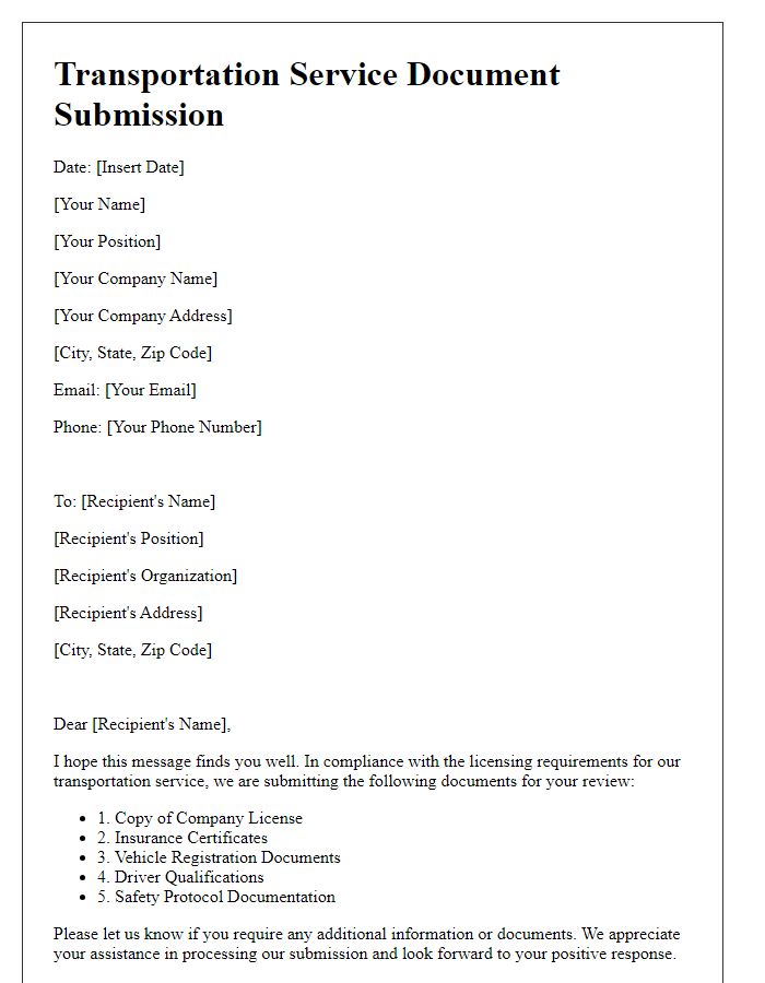 Letter template of transportation service document submission for licensing requirements