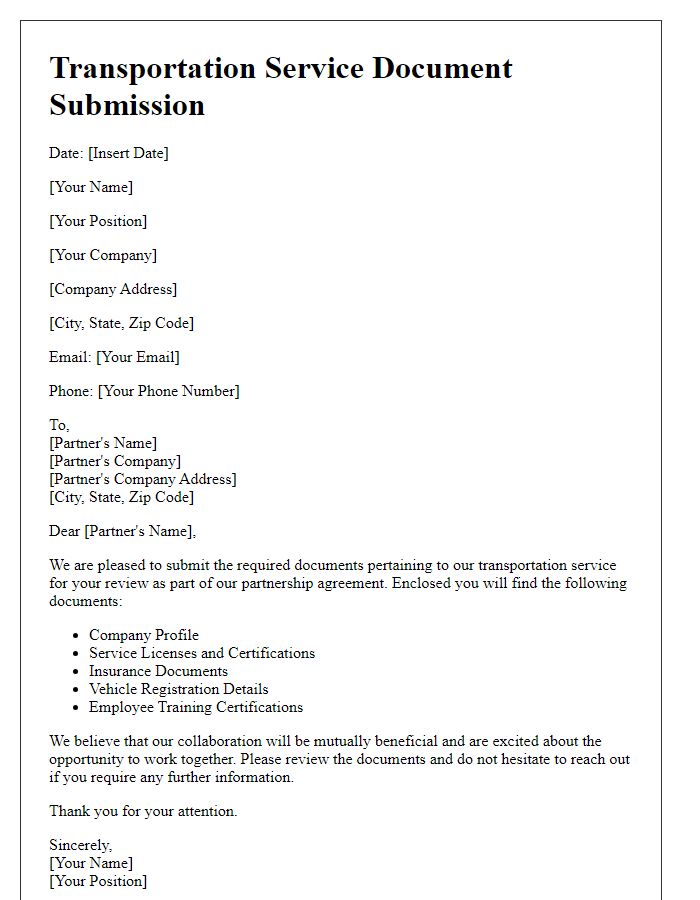 Letter template of transportation service document submission for partnership agreements