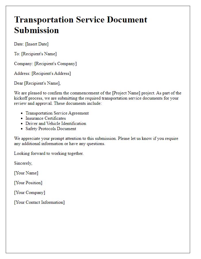 Letter template of transportation service document submission for project kickoff