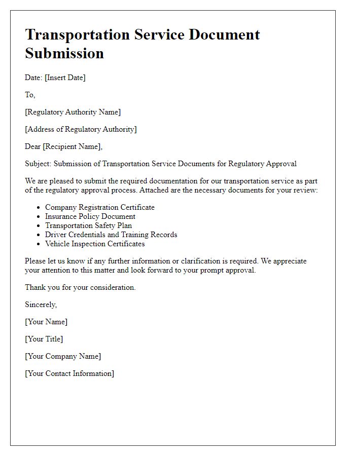 Letter template of transportation service document submission for regulatory approval