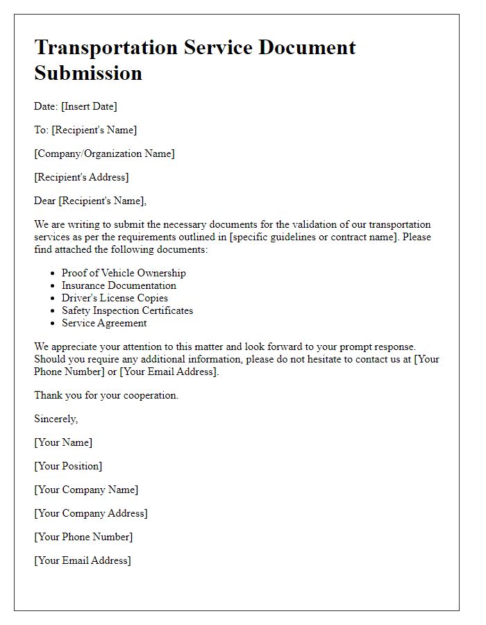 Letter template of transportation service document submission for service validation