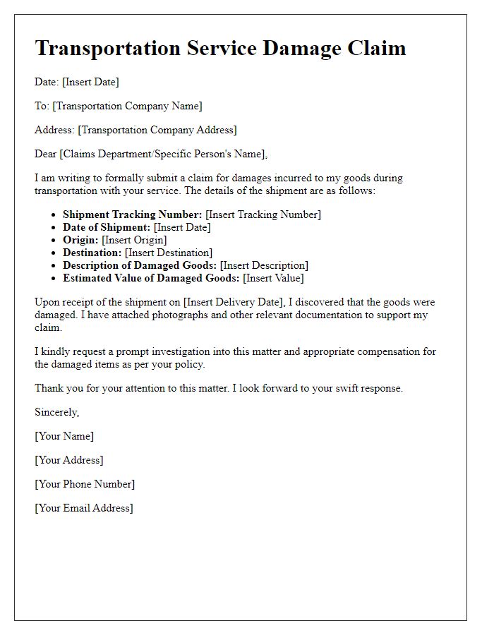 Letter template of transportation service damage claim for damaged goods.