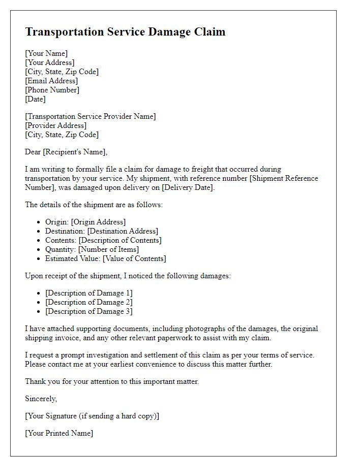 Letter template of transportation service damage claim for freight loss.