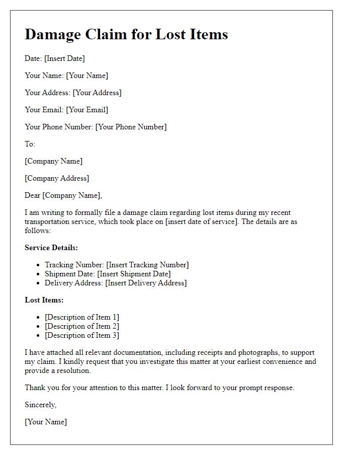 Letter template of transportation service damage claim for lost items.