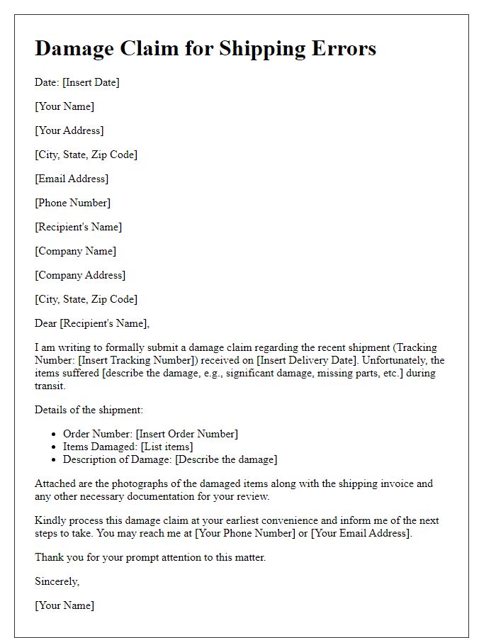 Letter template of transportation service damage claim for shipping errors.