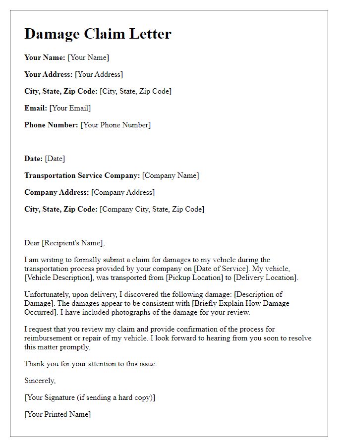 Letter template of transportation service damage claim for vehicle damage.