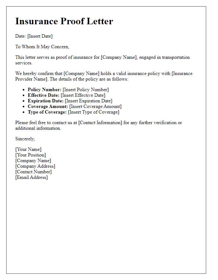 Letter template of insurance proof for transportation service providers.