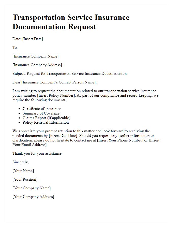 Letter template of transportation service insurance documentation request.