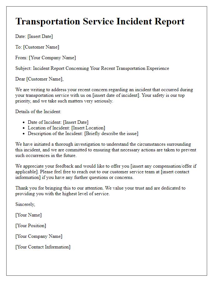 Letter template of Transportation Service Incident Report for Customer Safety Concern